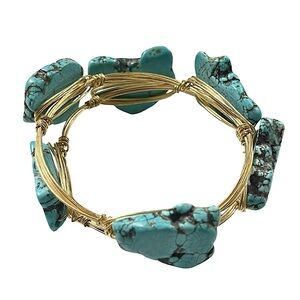 2 Handmade Goldtone Wire & Turquoise Color Stone Nugget Bracelets Artisan Artsy